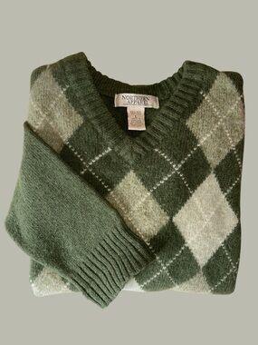 Northern Apparel Vintage 90s Green Shetland Wool V Neck Argyle Sweater Size L